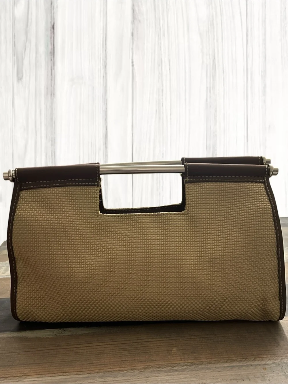 The Sak Vintage Y2K Woven Tan & Brown Handbag Metal Bar Handles NWOT